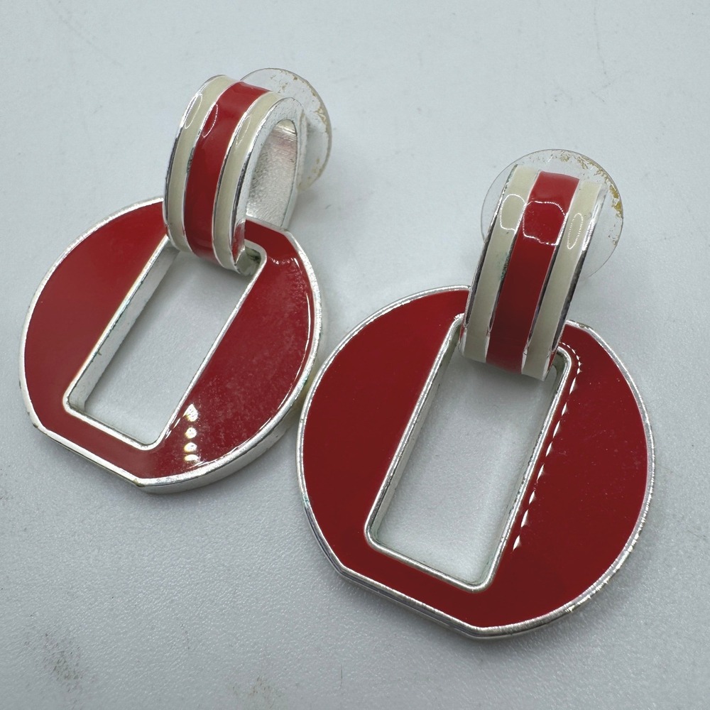 Chaps Red Cream Enamel Silver Tone Geometric Door Knocker Post Earrings